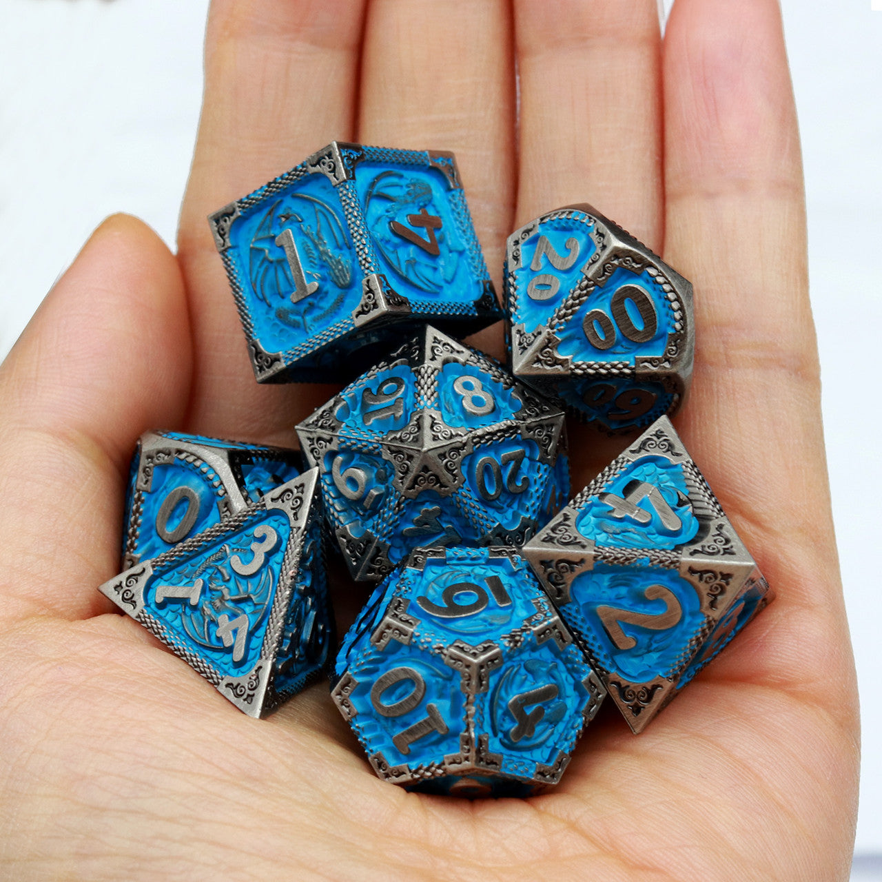 black blue metal dnd dice set with dragon leather dice bag