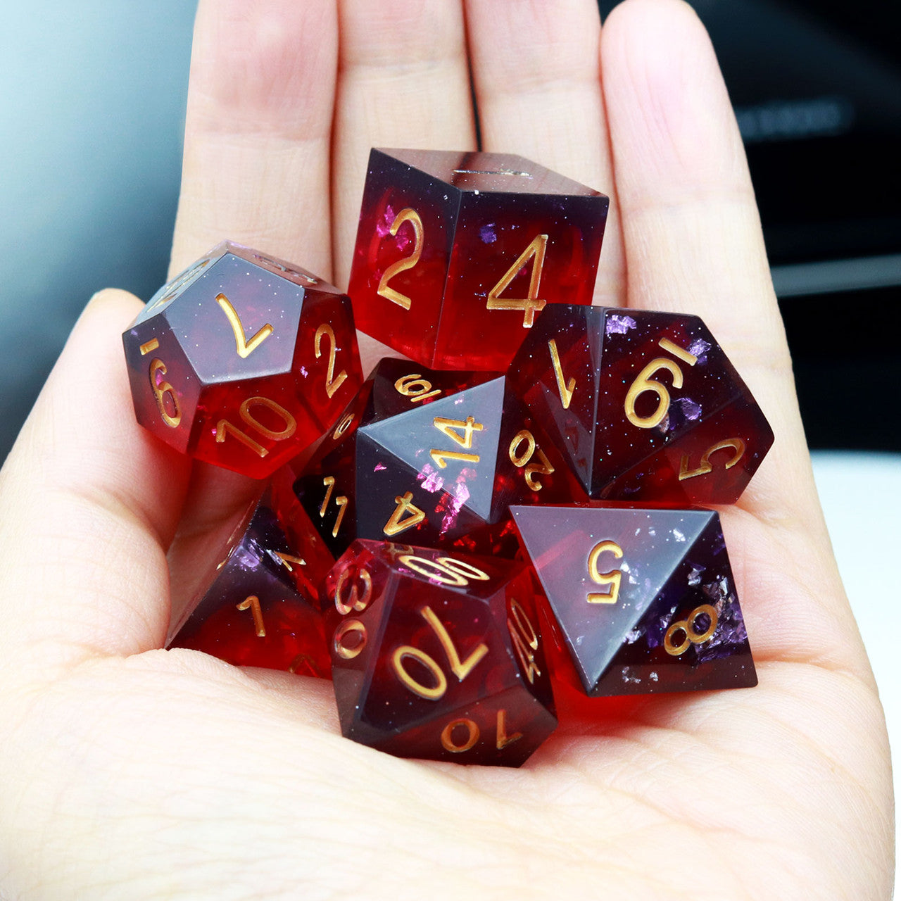 sharp edge dice purple red black resin dnd dice set