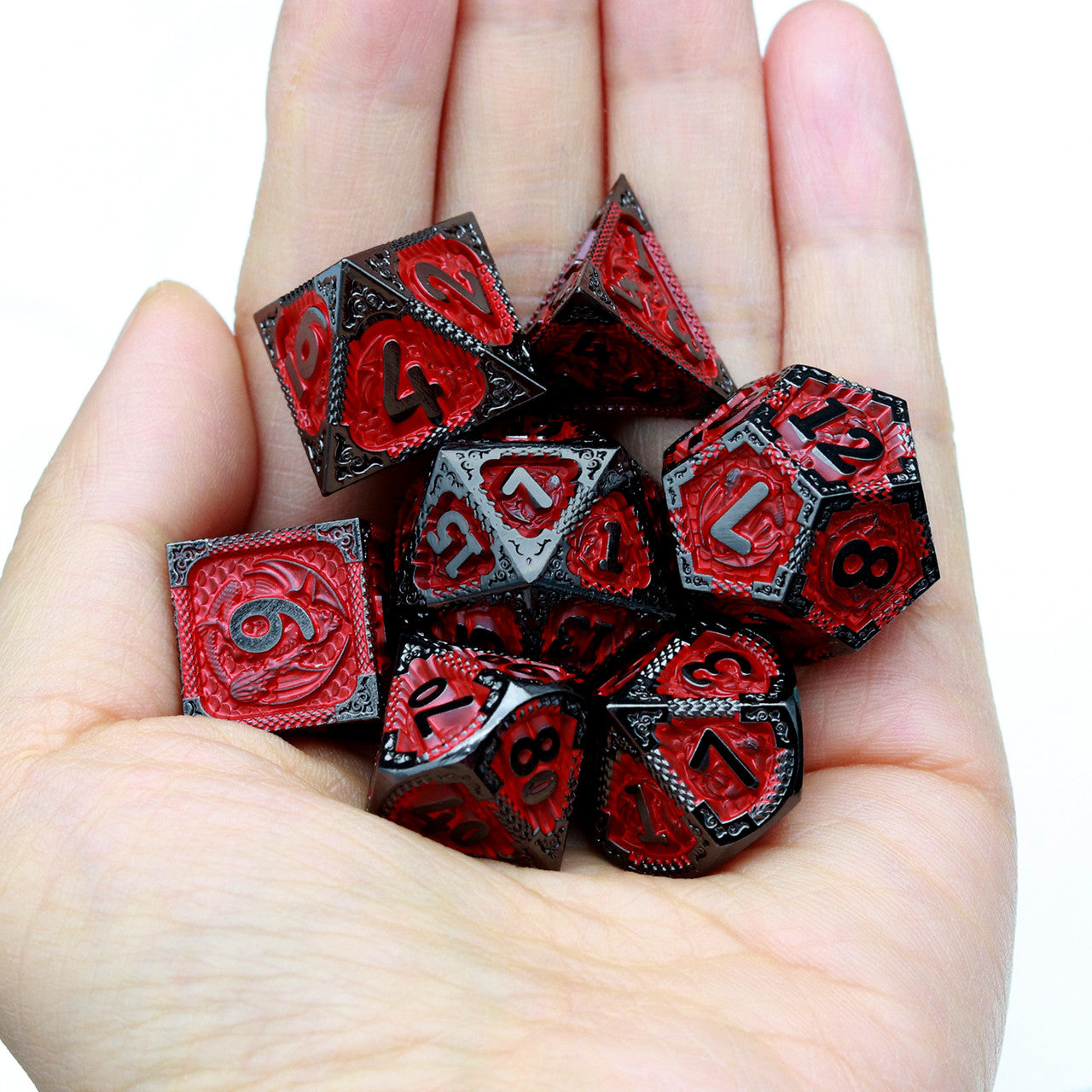 black red dragon metal dnd dice set by haxtec dice