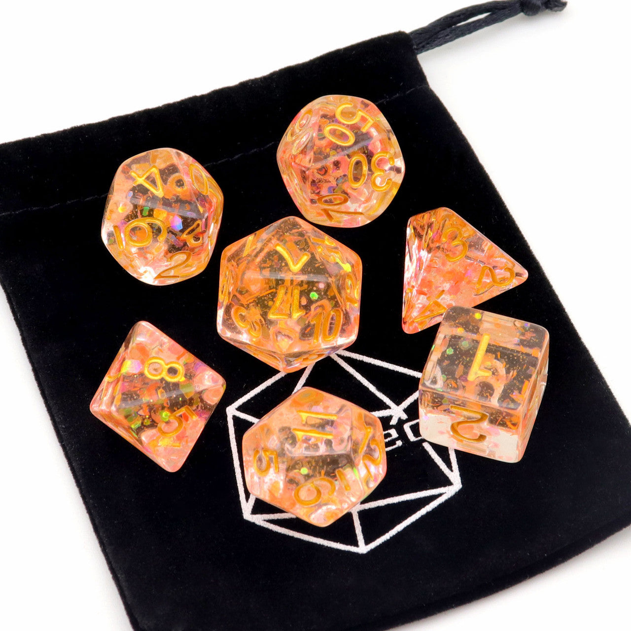 dnd dice, orange dice, dice set, dnd dice, dd dice, pink dice, glitter dice