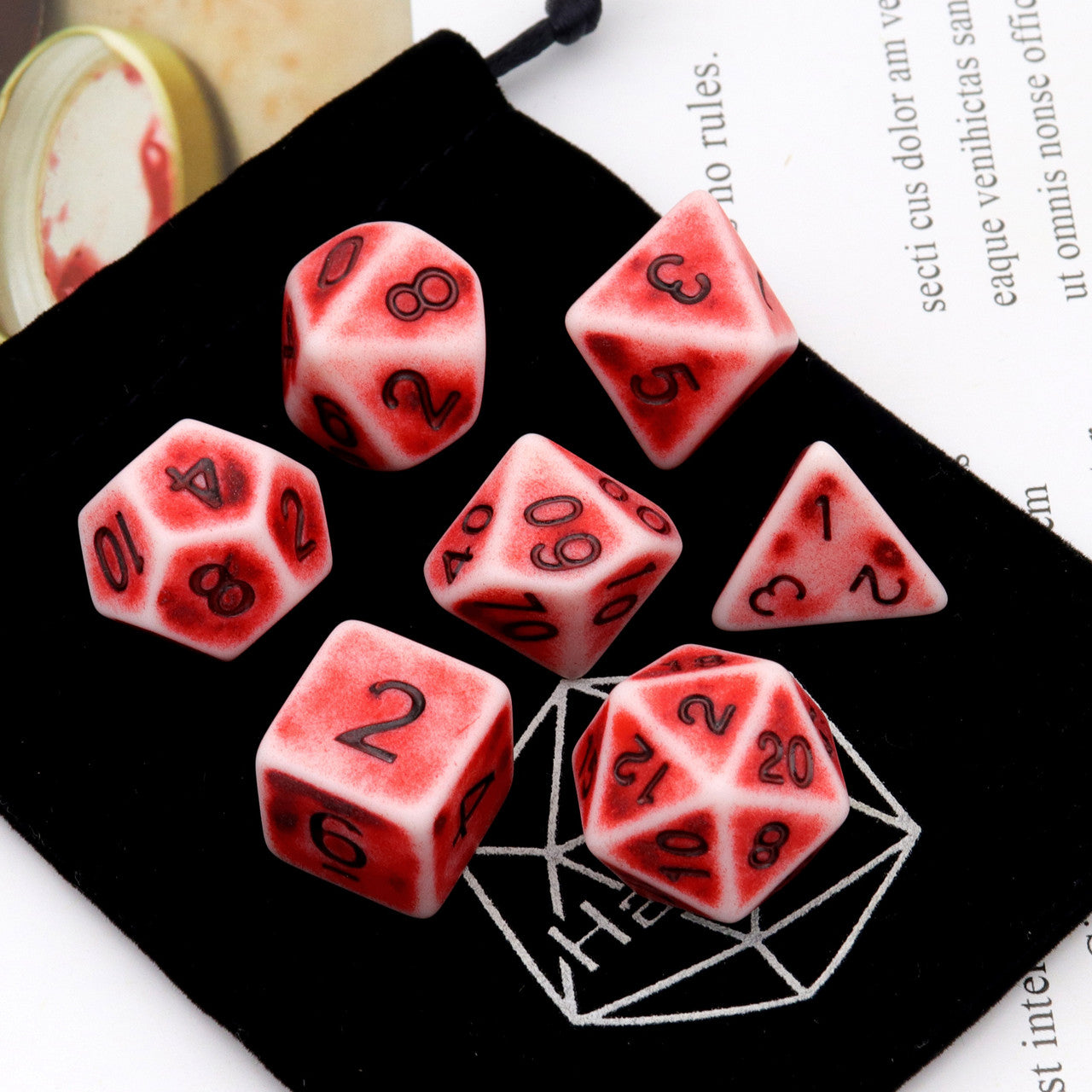 antique dice, ancient dice, red dice, rpg dice, bone dice, polyhedral dice, dice set, dnd dice