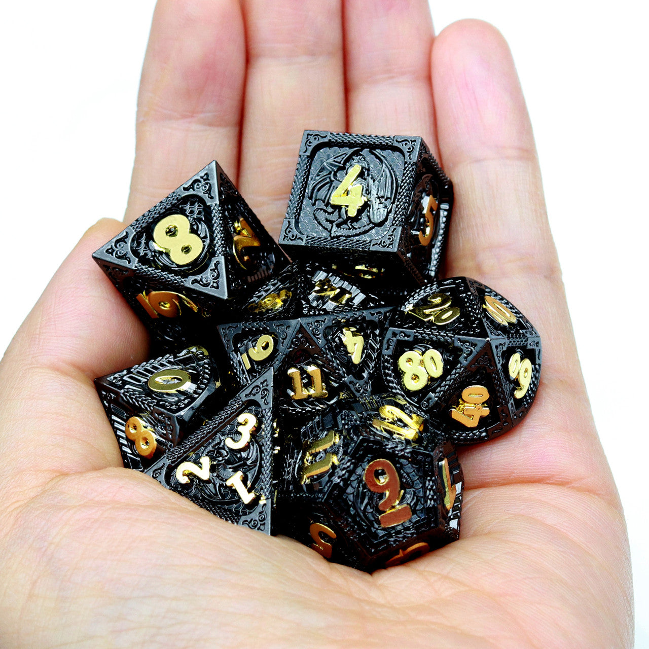 black gold metal dnd dice set dragon pattern