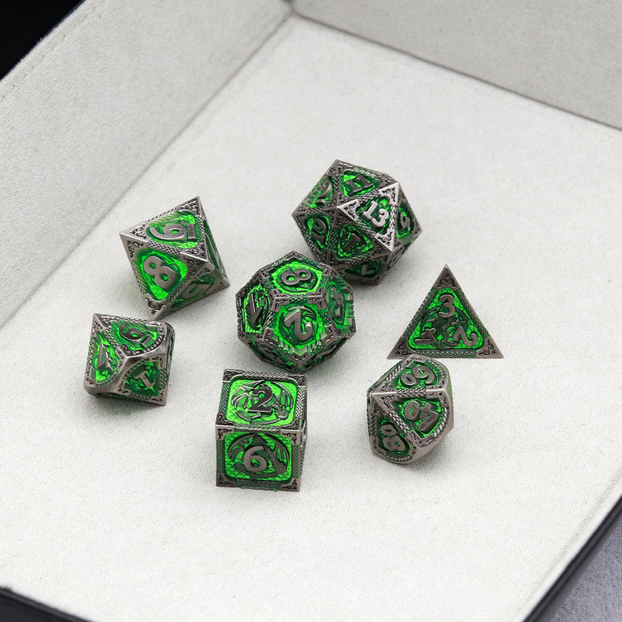 antique metal dice set green