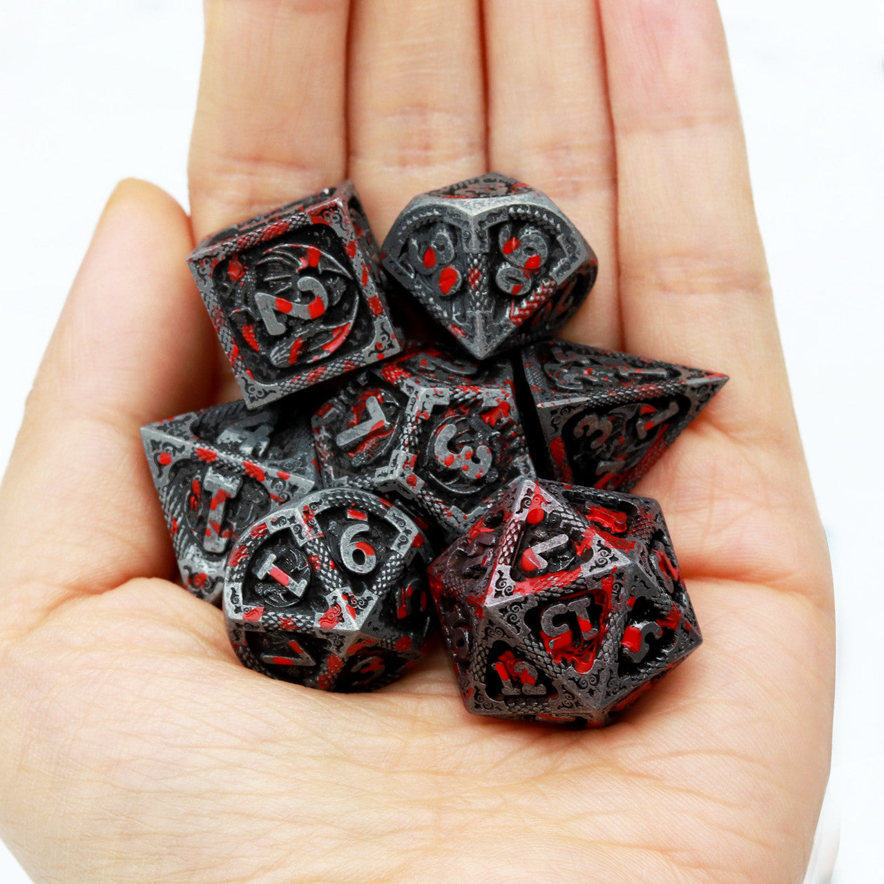 bloodstained metal dnd dice set dragon pattern