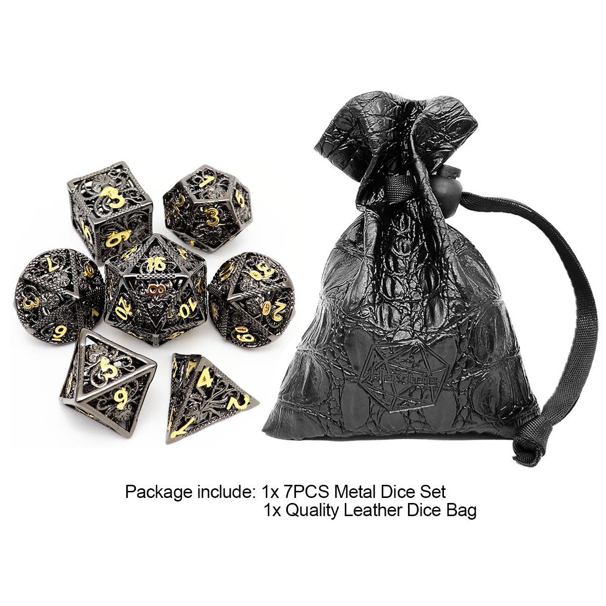 Haxtec Hollow Metal DND Dice Set Octopus Kraken Mind Flayer Dice-Black Gold Numbers