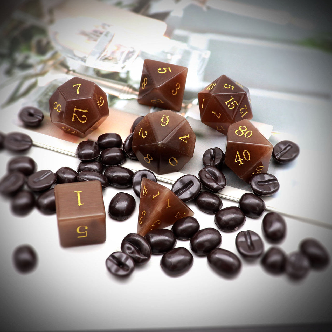 coffee cat eye gemstone dice set
