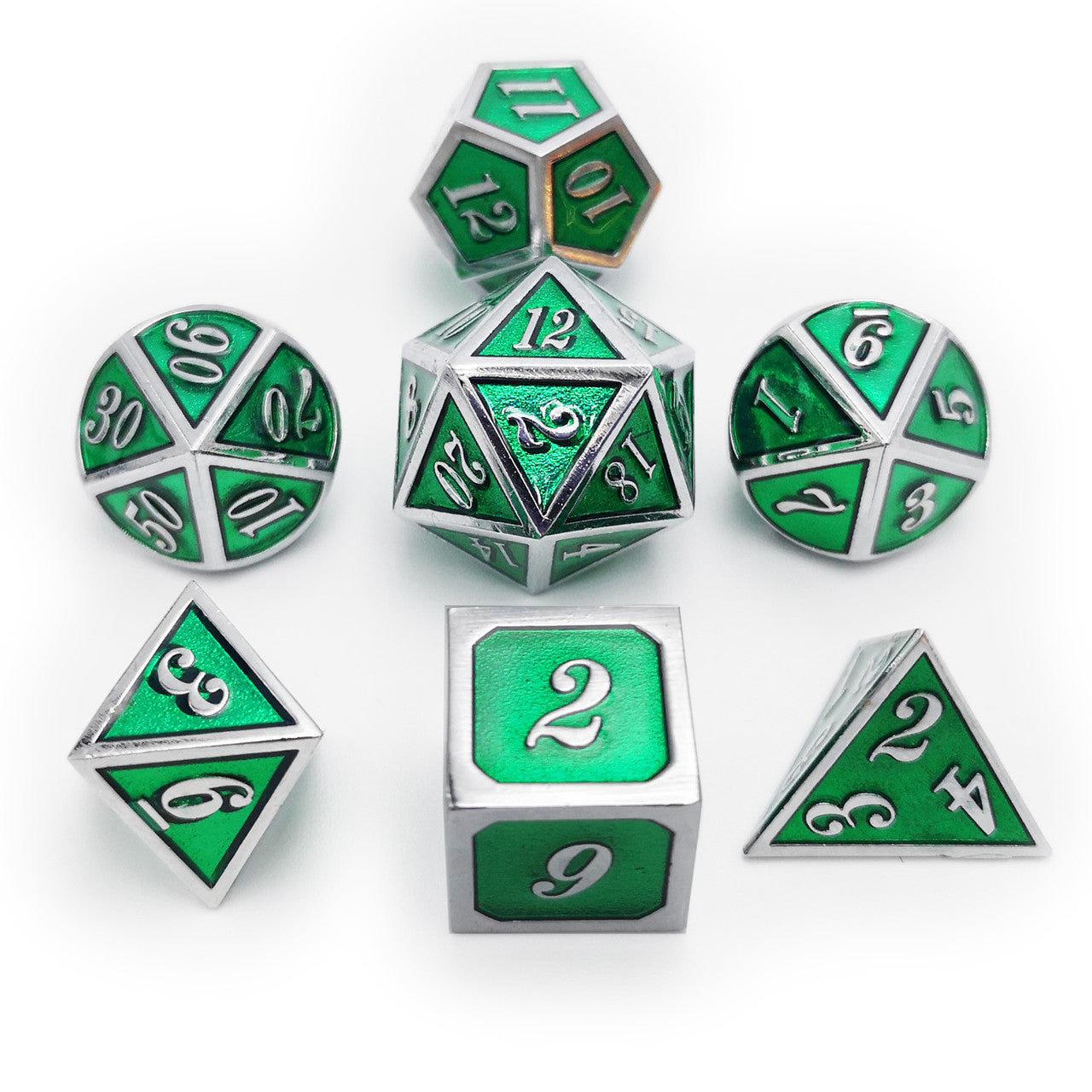 Metal DND Dice Set Silver Green