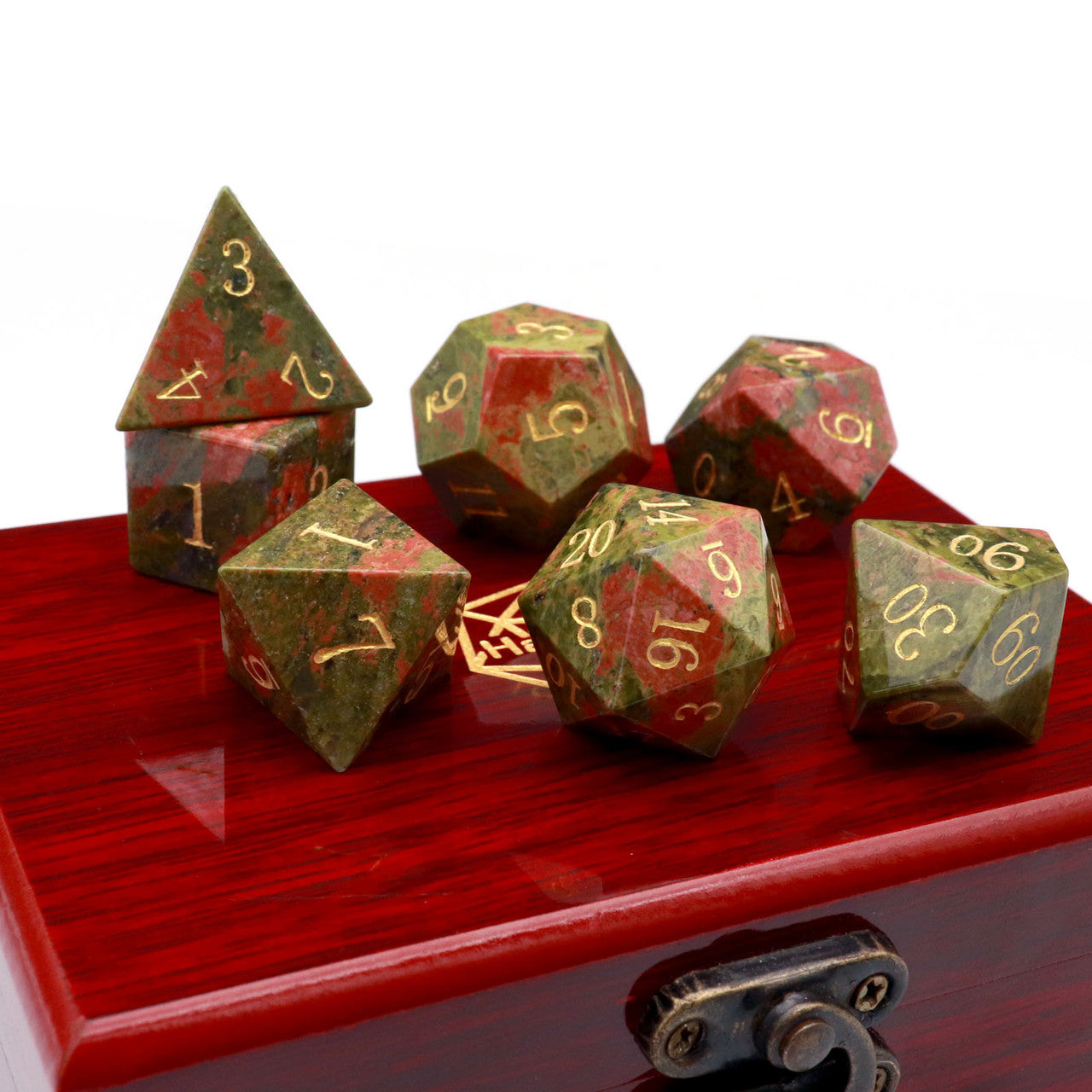 unakite dice, gemstone dice, dnd dice, haxtec dice