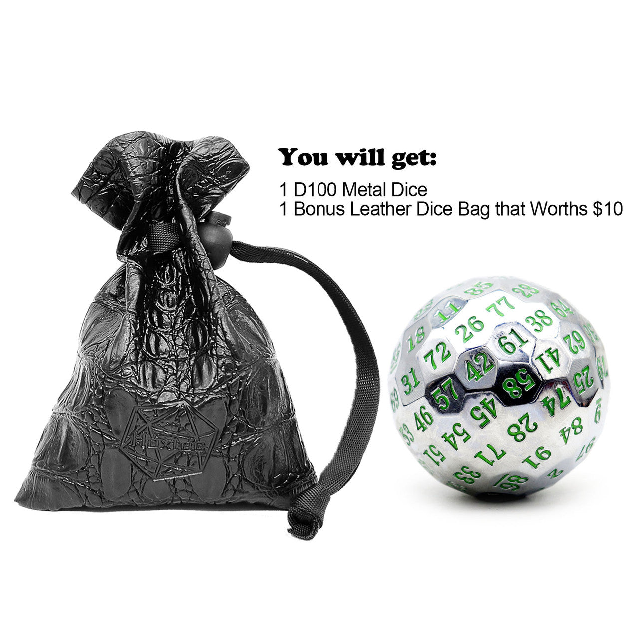 silver metal dice, glowing green dice, metal d100, d100, d100 dice