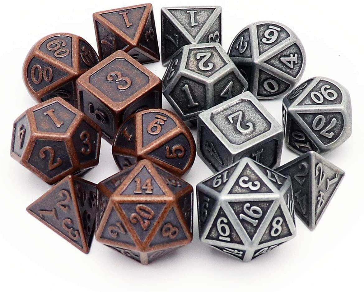 antique dice, metal dnd dice, dice set, copper dice, iron dice