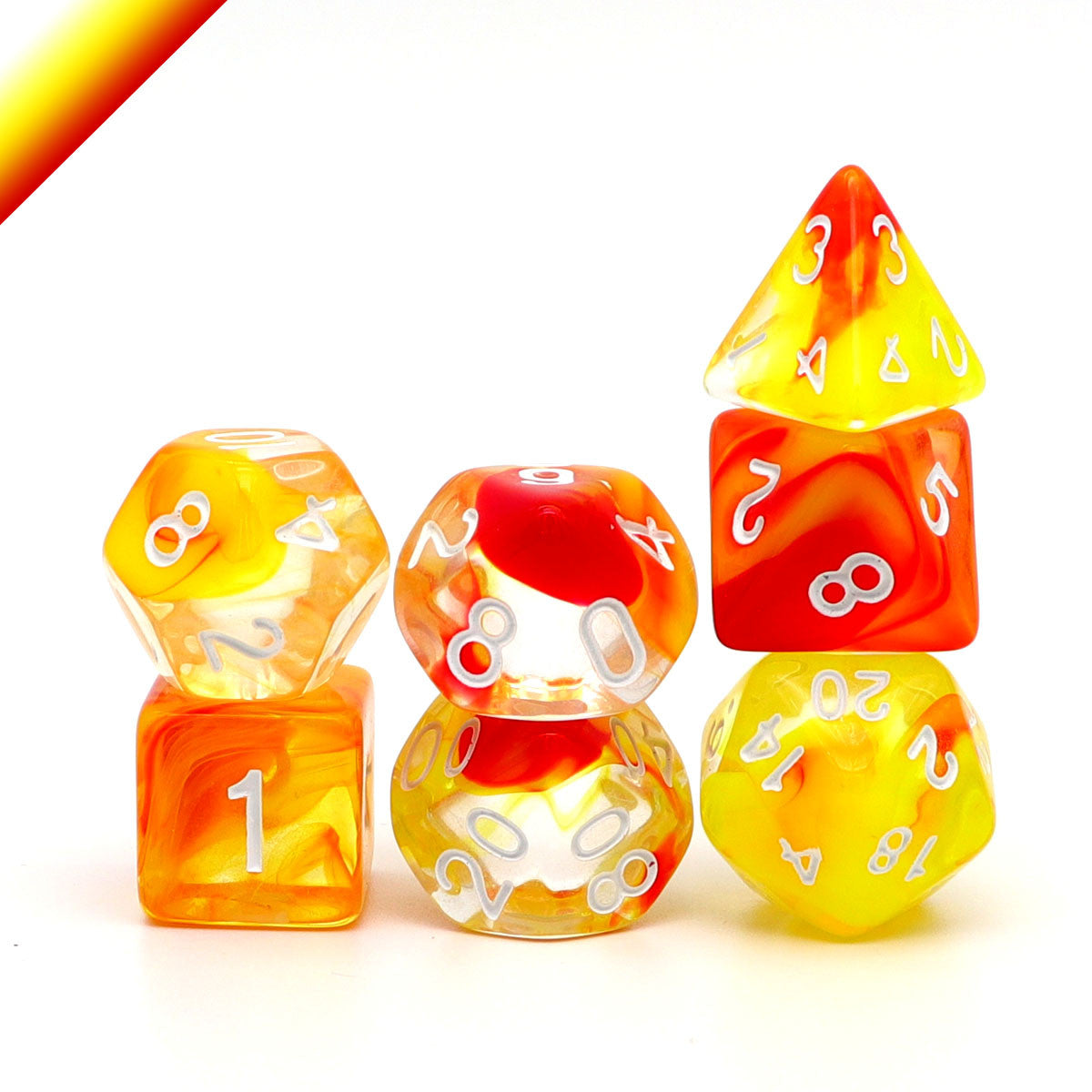 red yellow dice, yellow dice, red dice, clear dice, dnd dice rpg dice, polyhedral dice, dice set