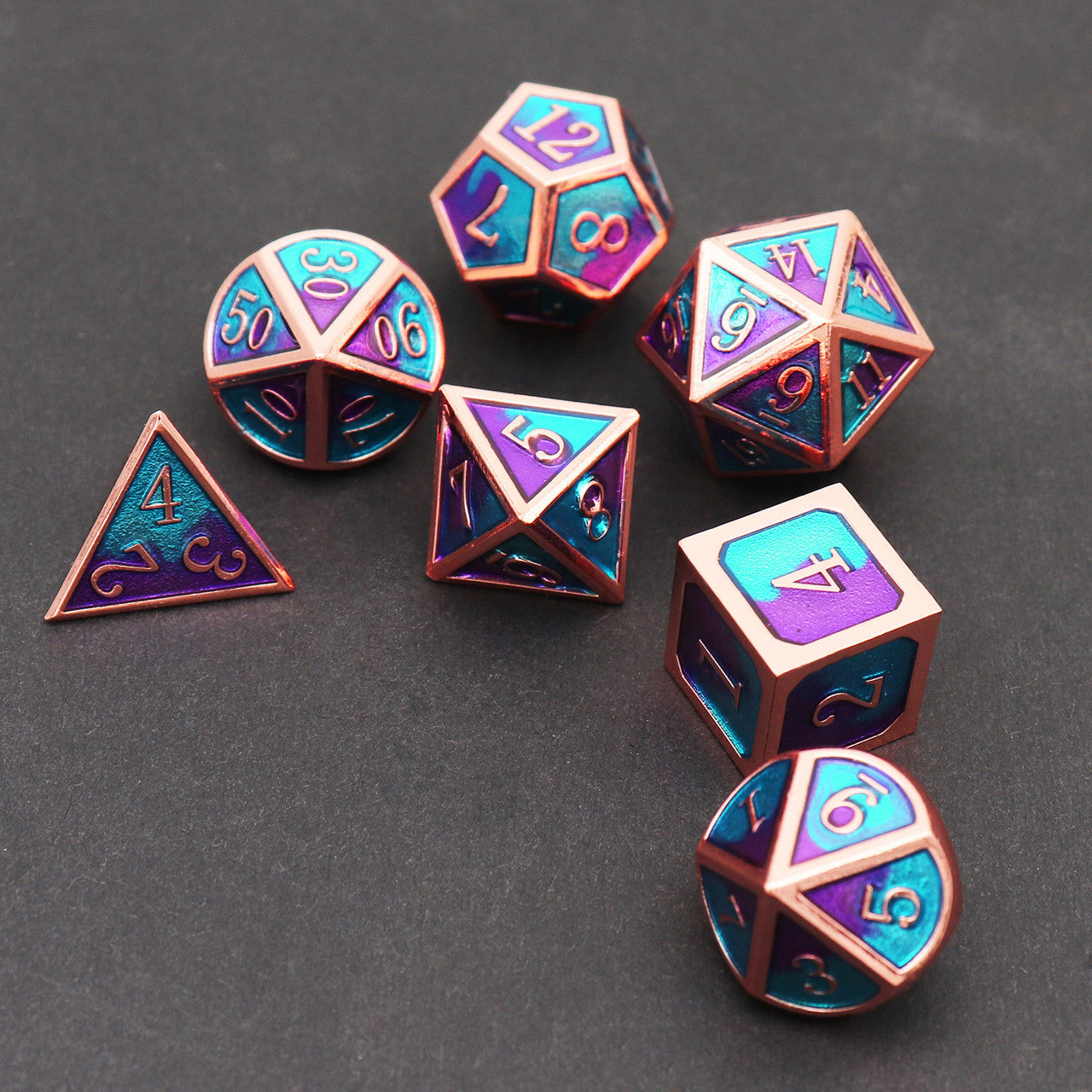 haxtec metal dice, haxtec dice, meta dice, dnd dice, copper dice, blue purple dice, metal dnd dice metal dice set d&d, blue dice, purple dice