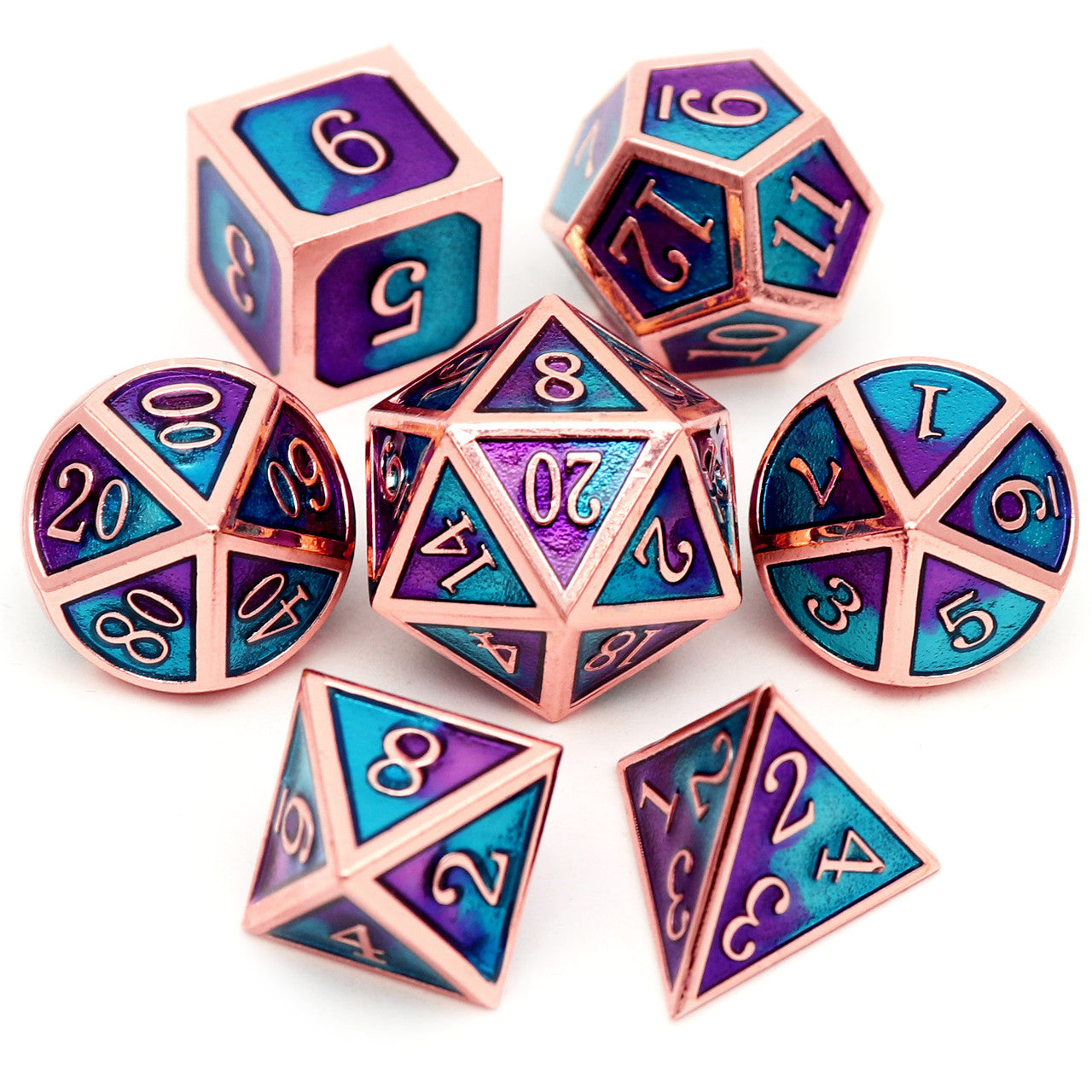 haxtec metal dice, haxtec dice, meta dice, dnd dice, copper dice, blue purple dice, metal dnd dice metal dice set d&d, blue dice, purple dice