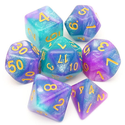 baby blue dice, purple blue dice set, glitter dice, dnd dice, dice set, blue dice, purple dice