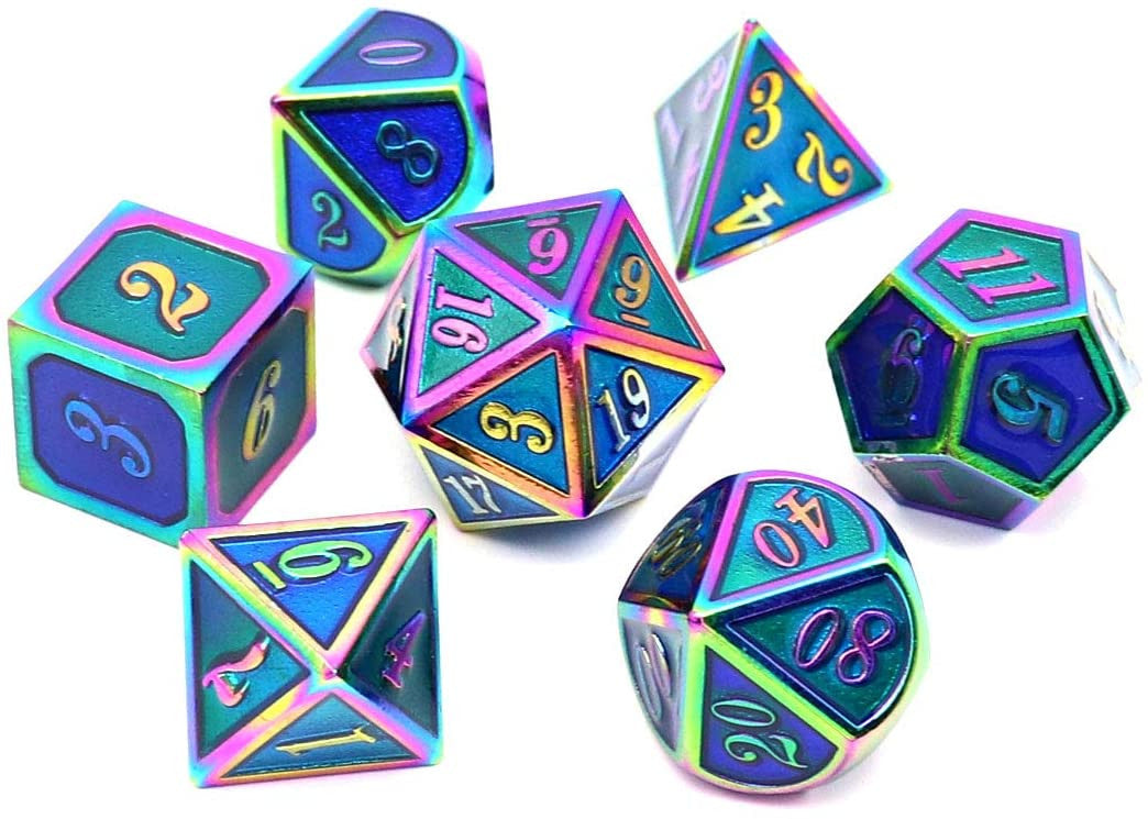 haxtec metal dnd dice set, blue dnd dice set, blue metal dice, rainbow metal dice