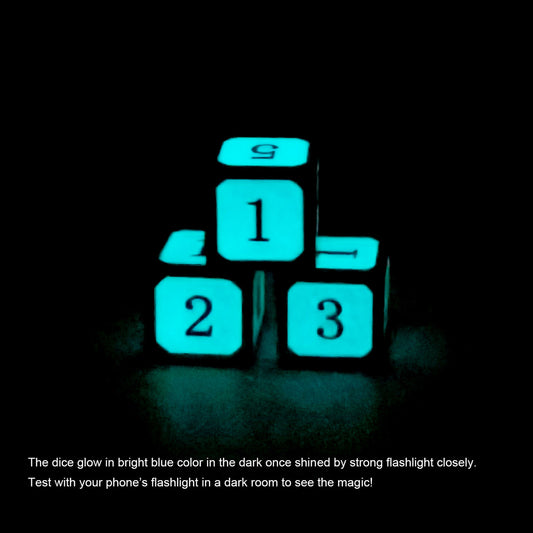 silver blue metal dice, glow in the dark dice, glowing blue dice, haxtec dice