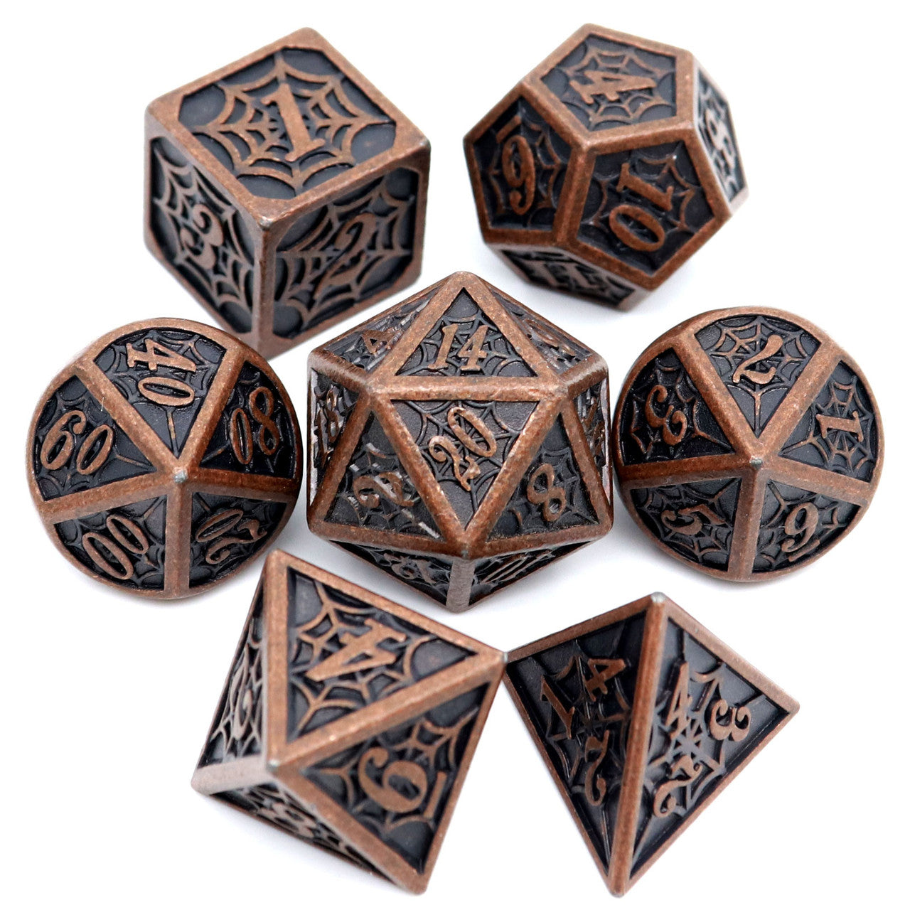 Haxtec Antique Copper  Metal Dice Set W/ Spider Web Pattern