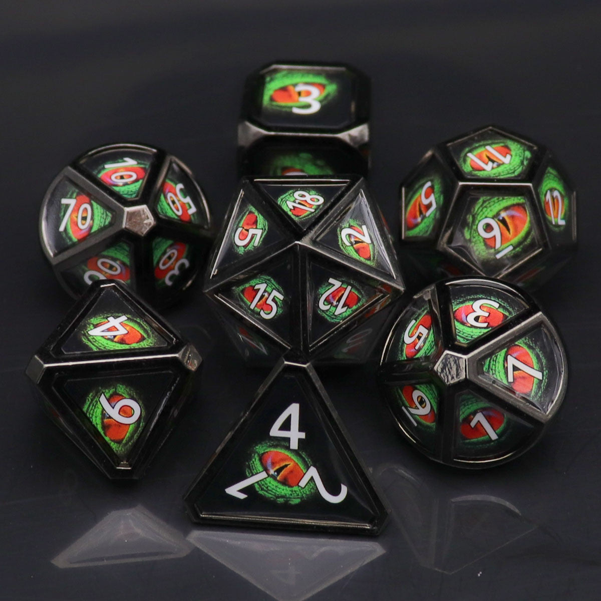 dragon eye dice, metal dnd dice, metal dice, haxtec dice