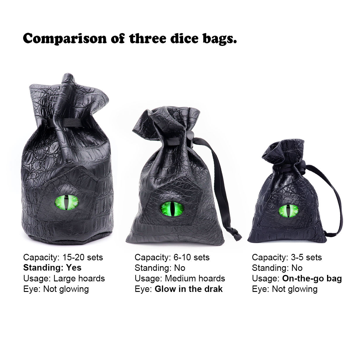 drgaon eye dice bag, leather dice bag, eye dice bag, drawstring dice bag, green eye dice bag, green eye