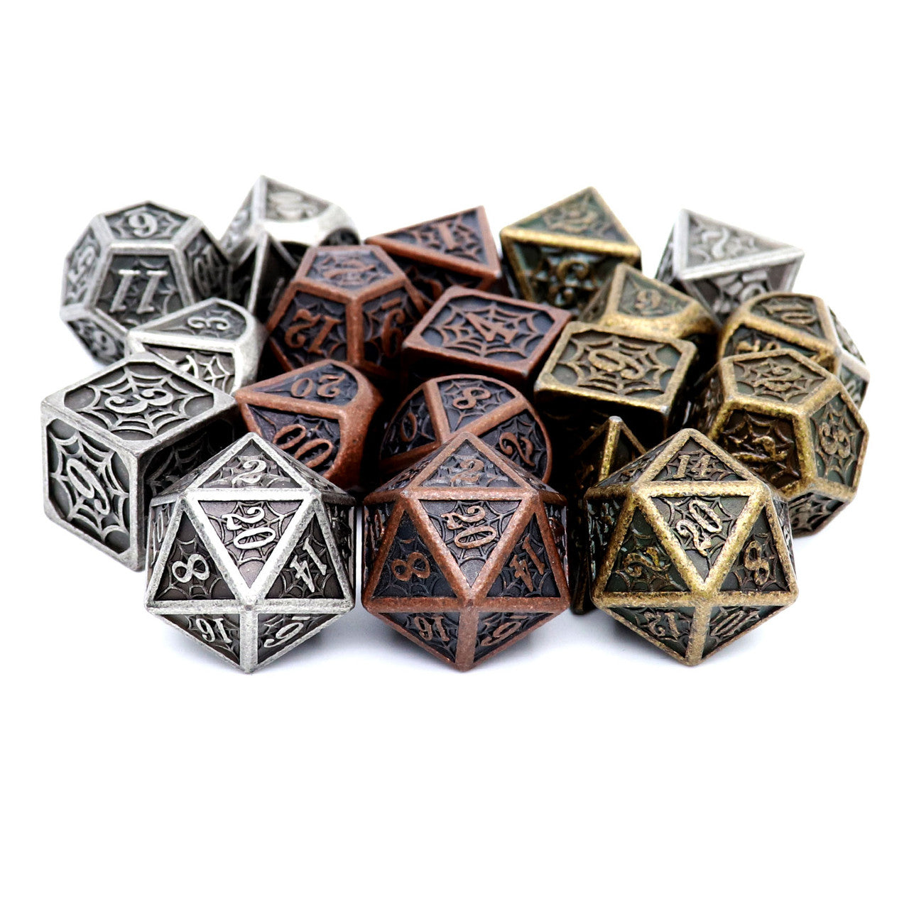 Haxtec Antique Copper  Metal Dice Set W/ Spider Web Pattern