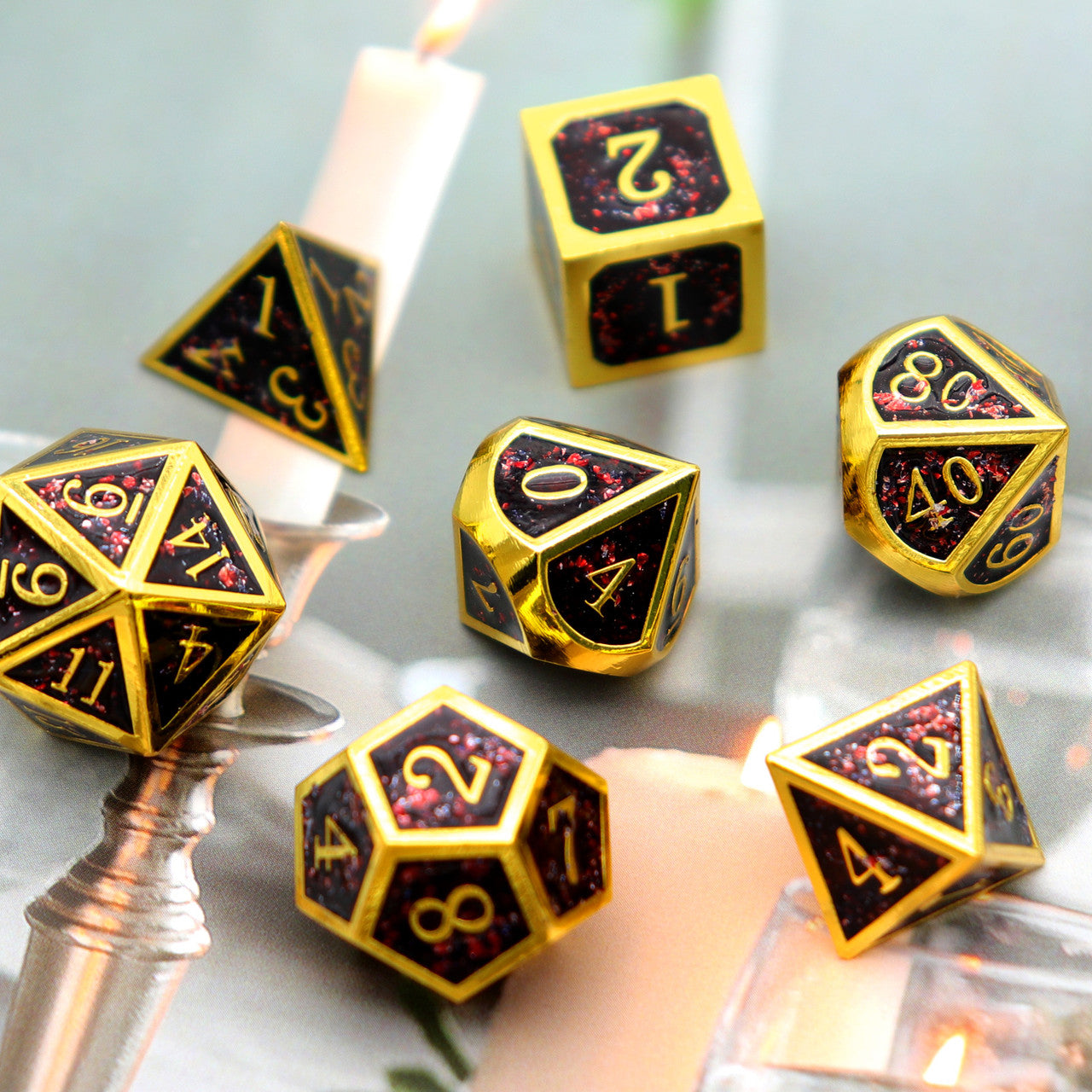 gold black red metal dice, glitter metal dice, gold metal dice, black and red glitter metal dice, haxtec glitter metal dice, glitter metal dice