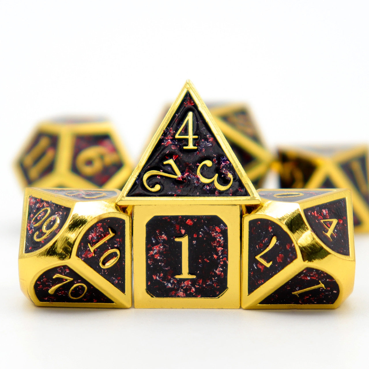 gold black red metal dice, glitter metal dice, gold metal dice, black and red glitter metal dice, haxtec glitter metal dice, glitter metal dice