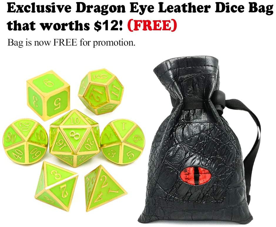Metal dice set glow in the dark gold glowing green