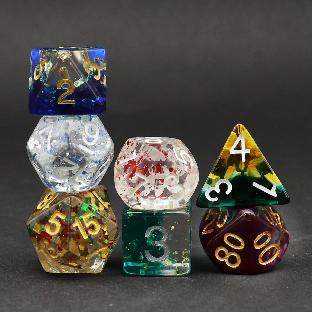 haxtec dice, resin dice, assorted dice, dnd dice, polyhedral dice, dice set, d d dice, d&d dice