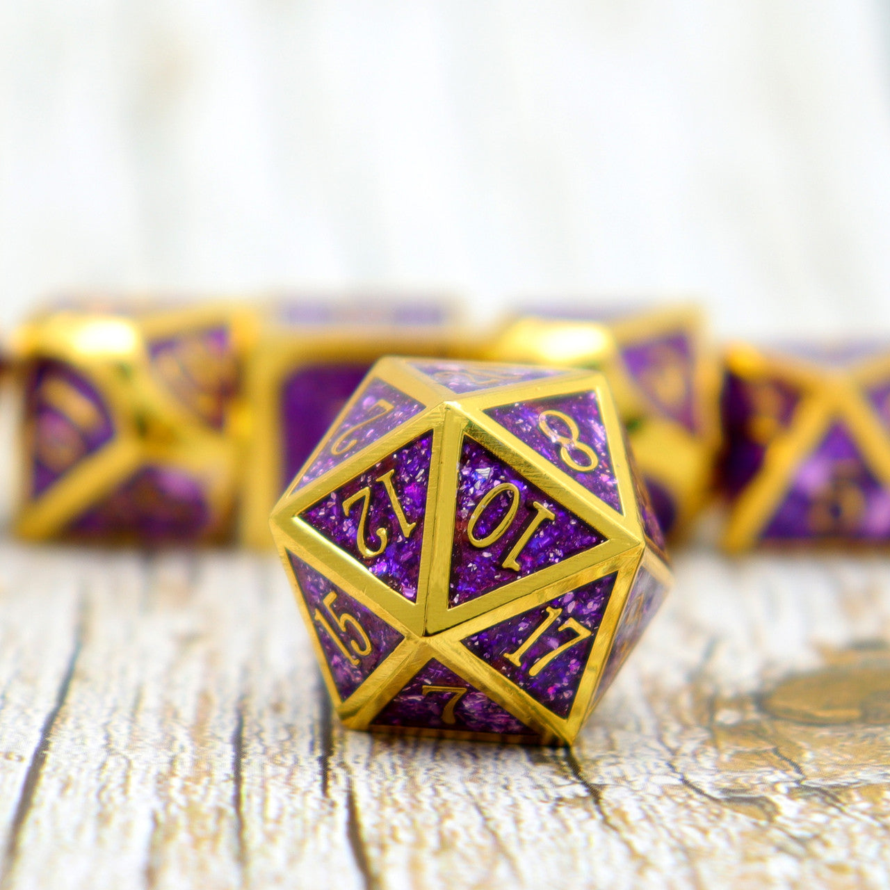 gold purple glitter metal dice set, metal glitter dice, purple metal dice, gold metal dice