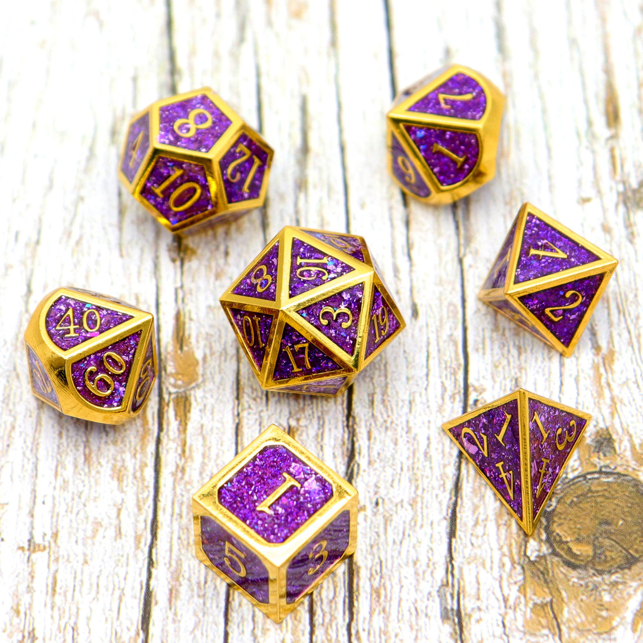 gold purple glitter metal dice set, metal glitter dice, purple metal dice, gold metal dice