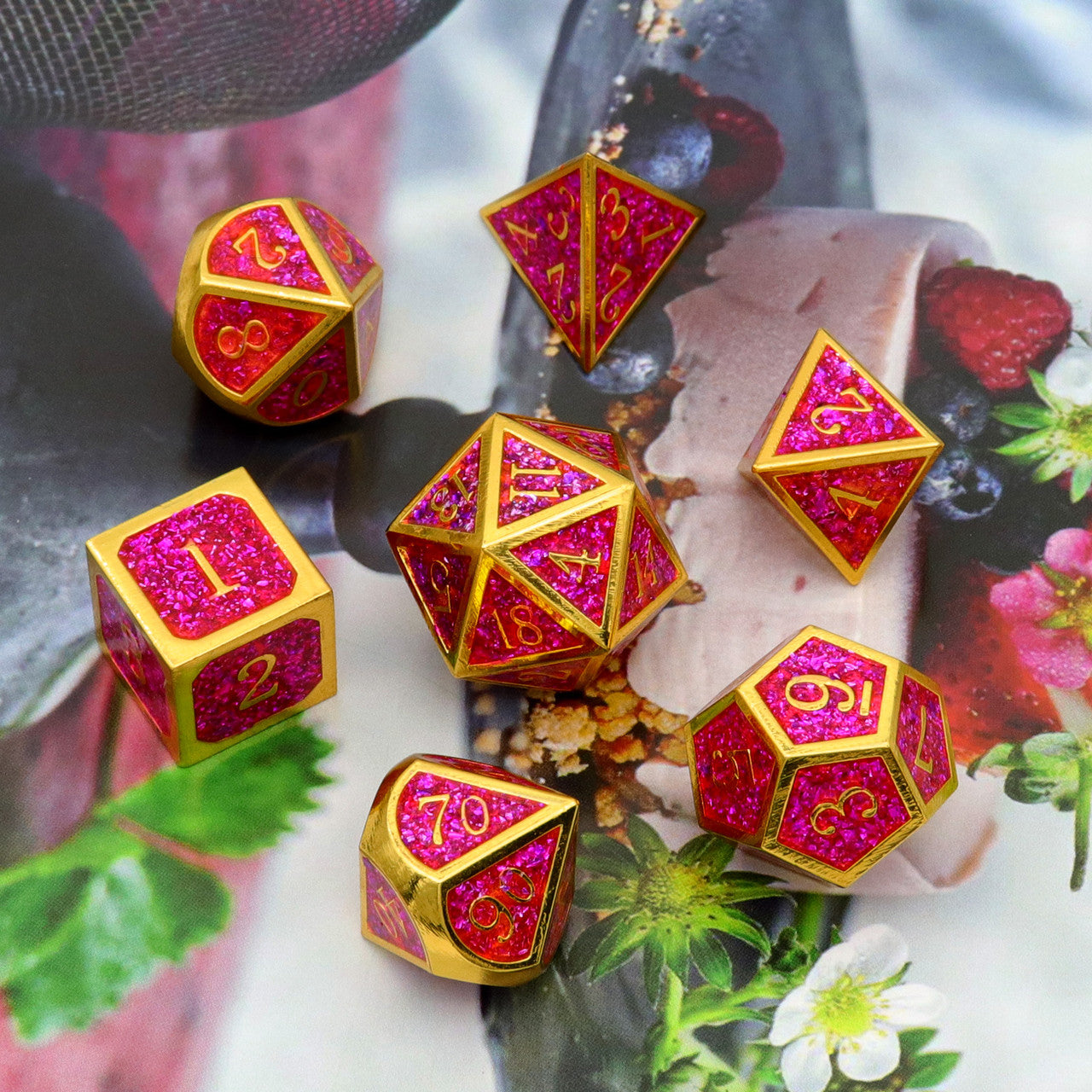 purple glitter dice, metal dice purple, pink metal dice, gold metal dice