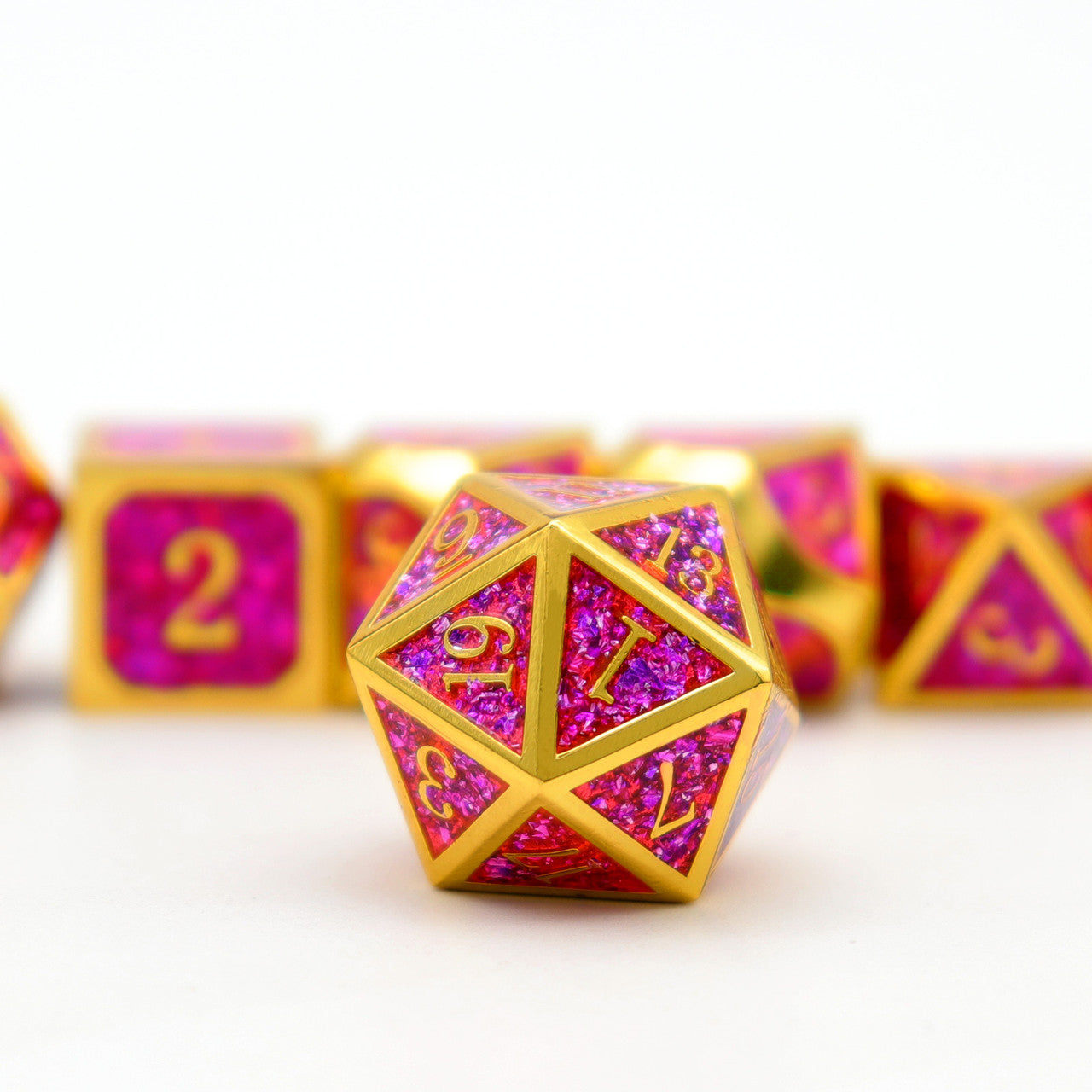 purple glitter dice, metal dice purple, pink metal dice, gold metal dice