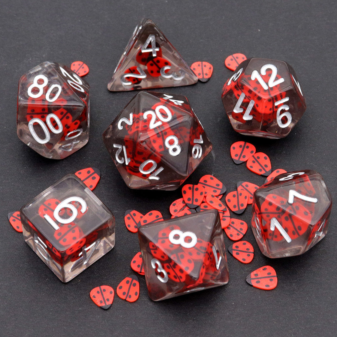 lady bug dice, resin dice, filled dice, red dice, grey dice, insect dice, rpg dice, polyhedral dice