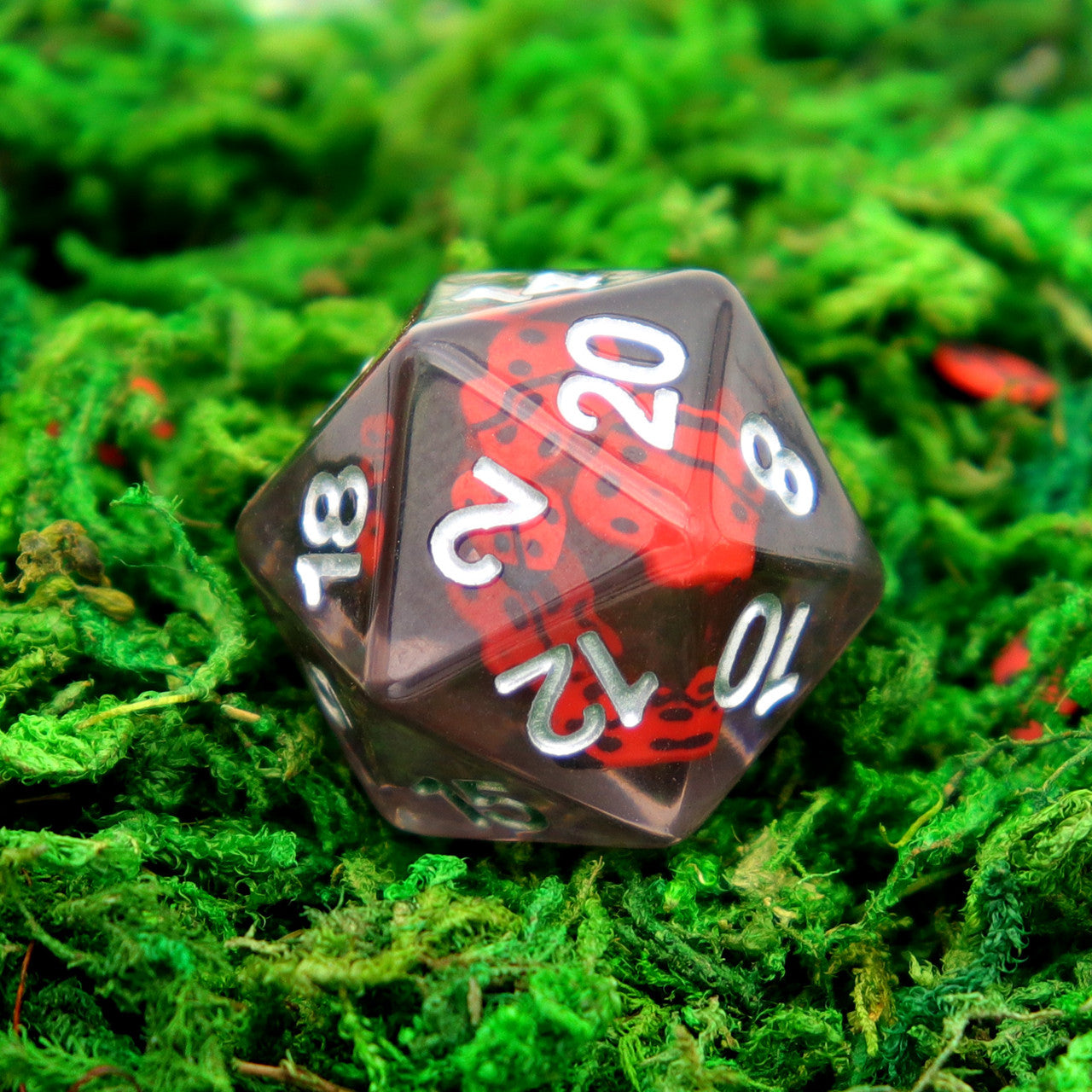 Lady bug dice, resin dice, filled dice, red dice, grey dice, insect dice, rpg dice, polyhedral dice