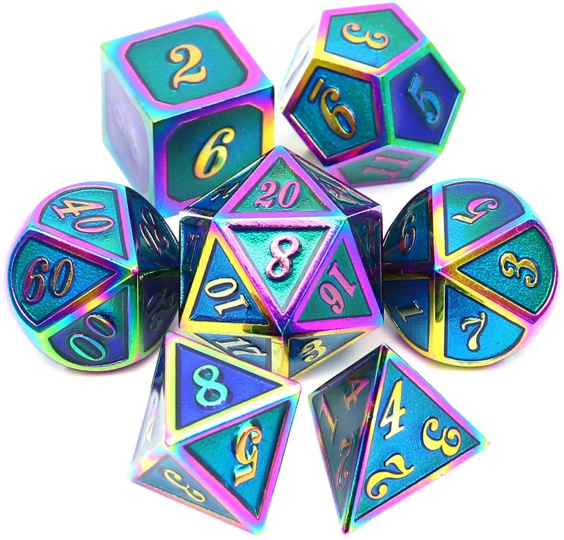 haxtec metal dnd dice set, blue dnd dice set, blue metal dice, rainbow metal dice