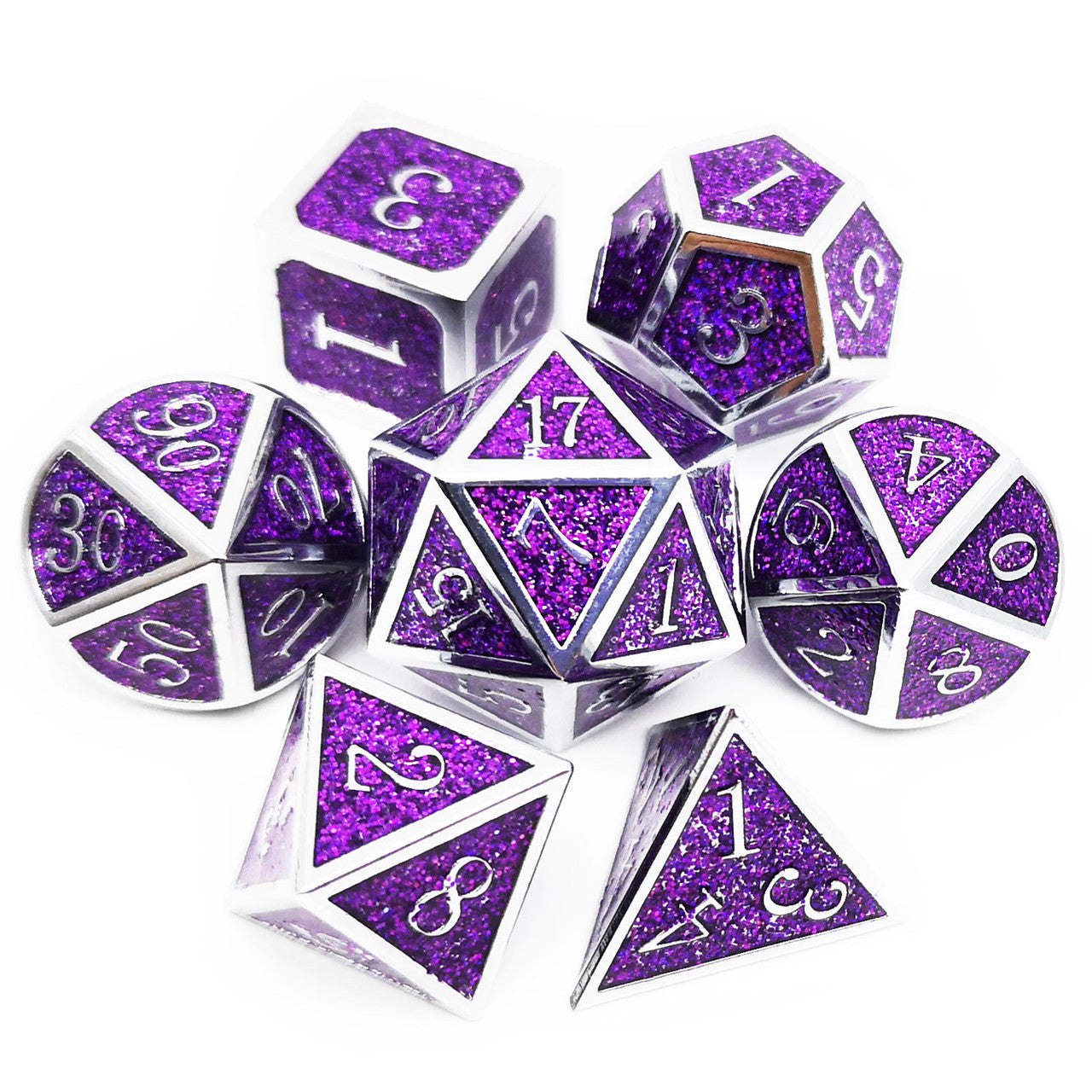 Metal glitter dice set silver purple