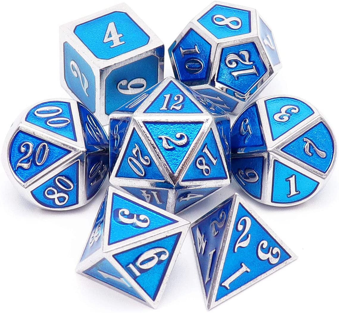 metal dice set silver blue, metal dnd dice blue, silver metal dice, metal dice set d&d, dd metal dice