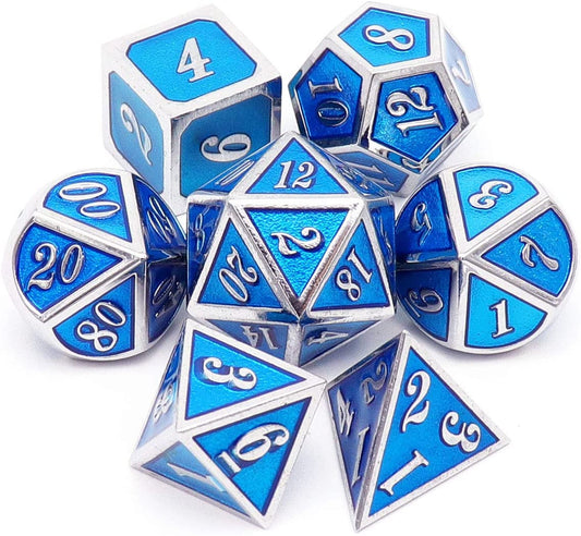metal dice set silver blue, metal dnd dice blue, silver metal dice, metal dice set d&d, dd metal dice