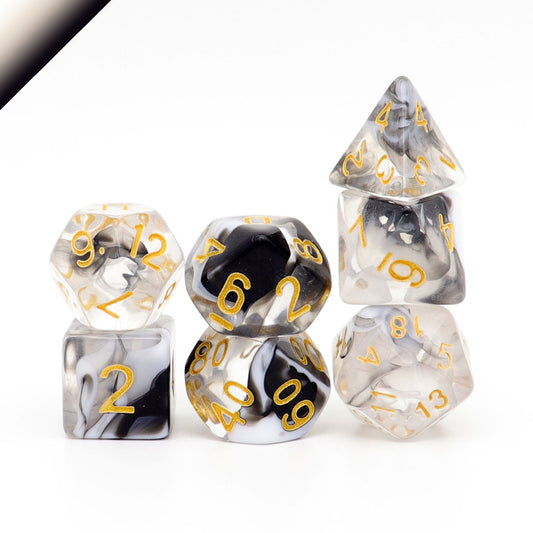 black white dice, clear dice, black dice, white dice, dnd dice, rpg dice, dice set, polyhedral dice