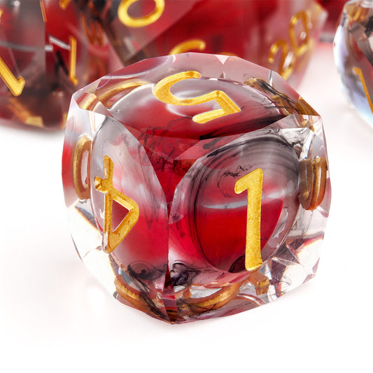 Haxtec Crimson Nebula Liquid Core Dice – Diamond-Cut Resin Set with Metal Case