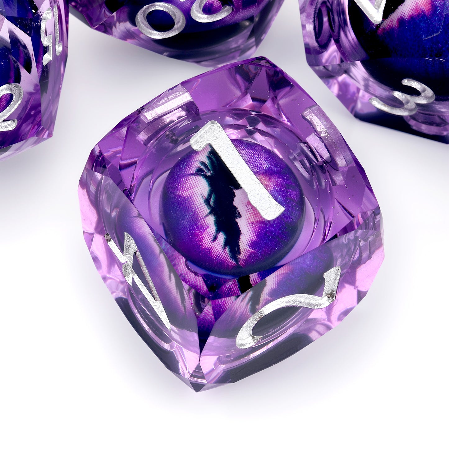 Haxtec Arcane Gaze Purple Eye Liquid Core Dice – Diamond-Cut Resin Set with Metal Case