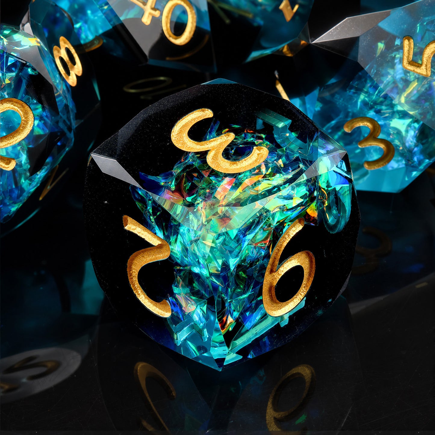 Haxtec Aurora Prism Holographic Sparkling Dice Set – Diamond-Cut Iridescent Resin D&D Dice with Metal Case