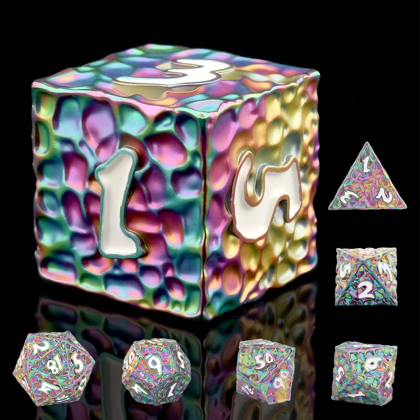 Haxtec Meteorite Texture Metal DnD Dice Set Colorful White Numbers