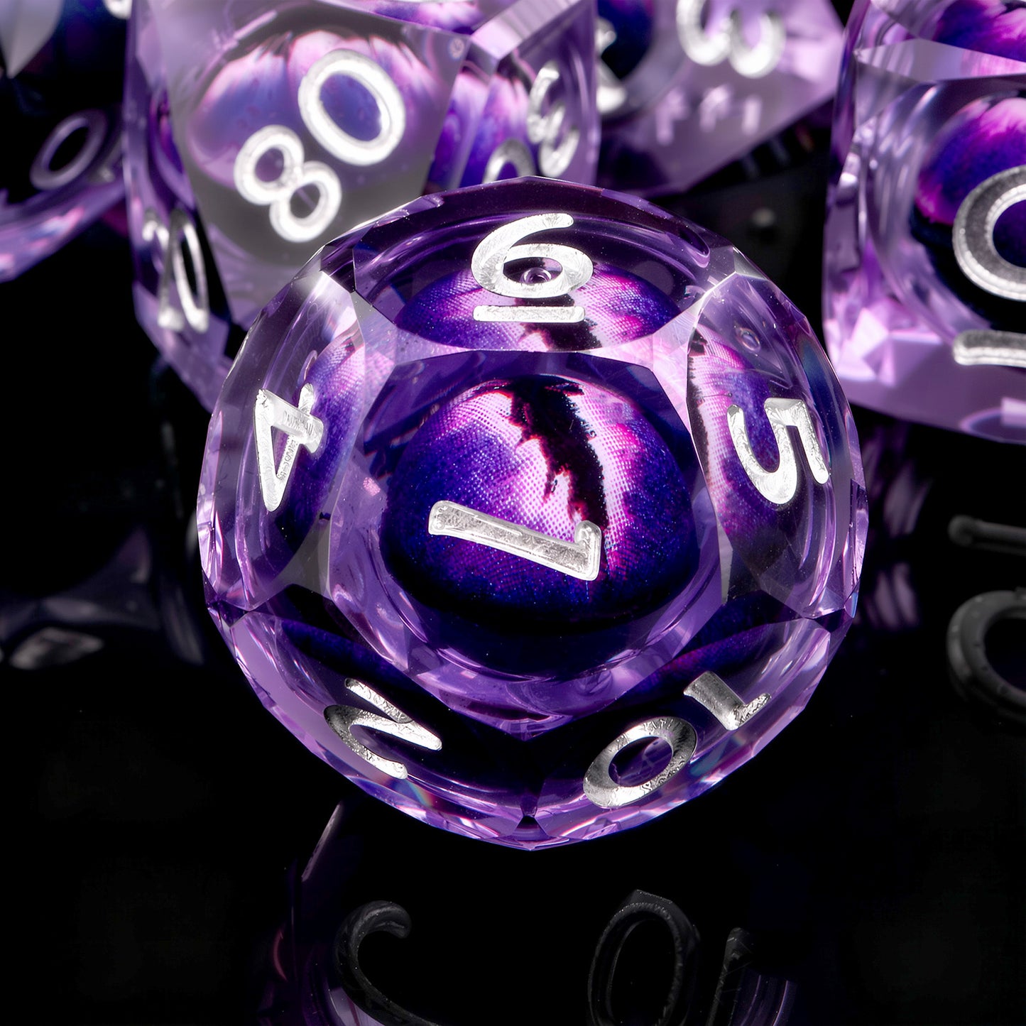 Haxtec Arcane Gaze Purple Eye Liquid Core Dice – Diamond-Cut Resin Set with Metal Case