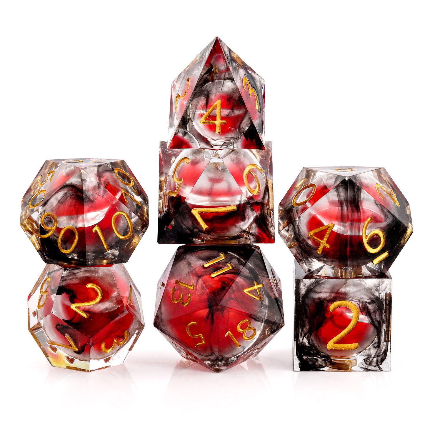 Haxtec Blood Black Red Liquid Core Sharp Edge Resin DND Dice Set Gold Numbering with Metal Case