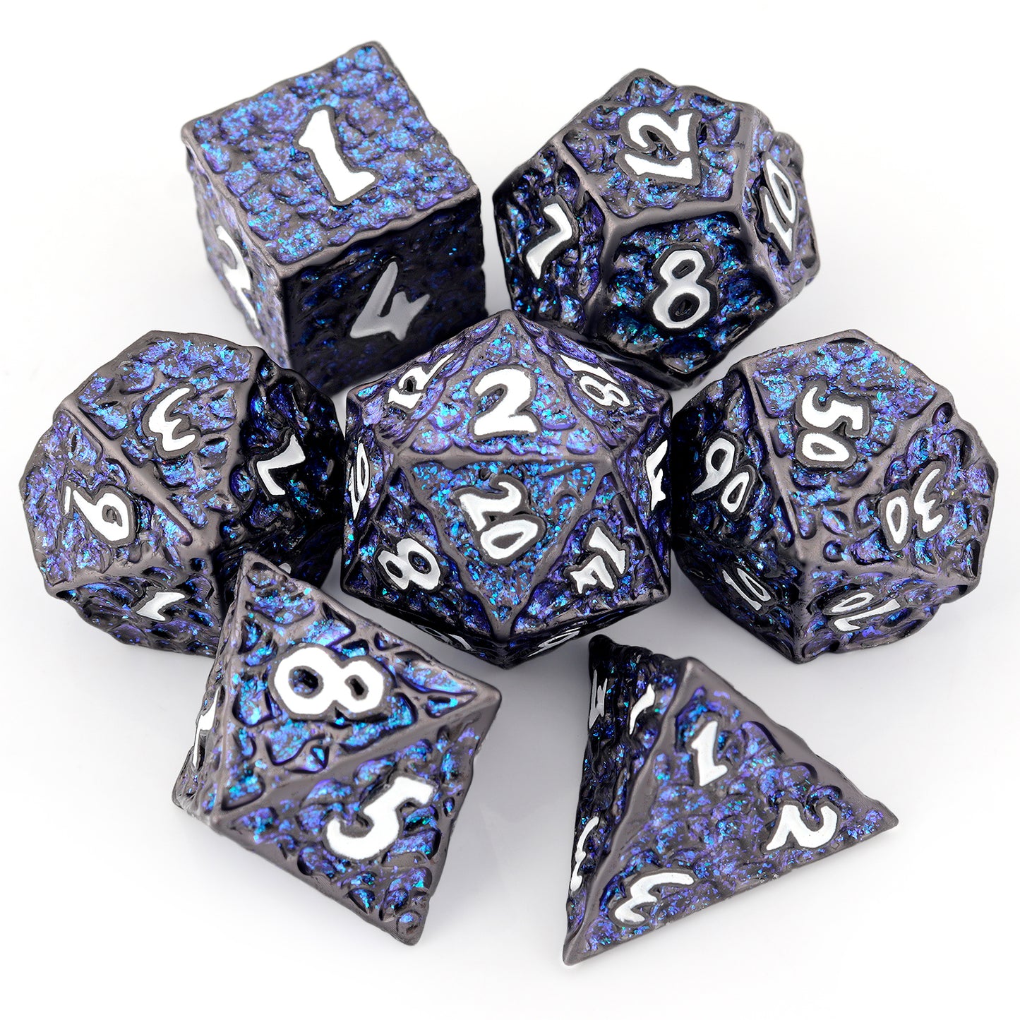Haxtec Meteorite Texture Metal DnD Dice Set Flash Blue Purple with White Numbers