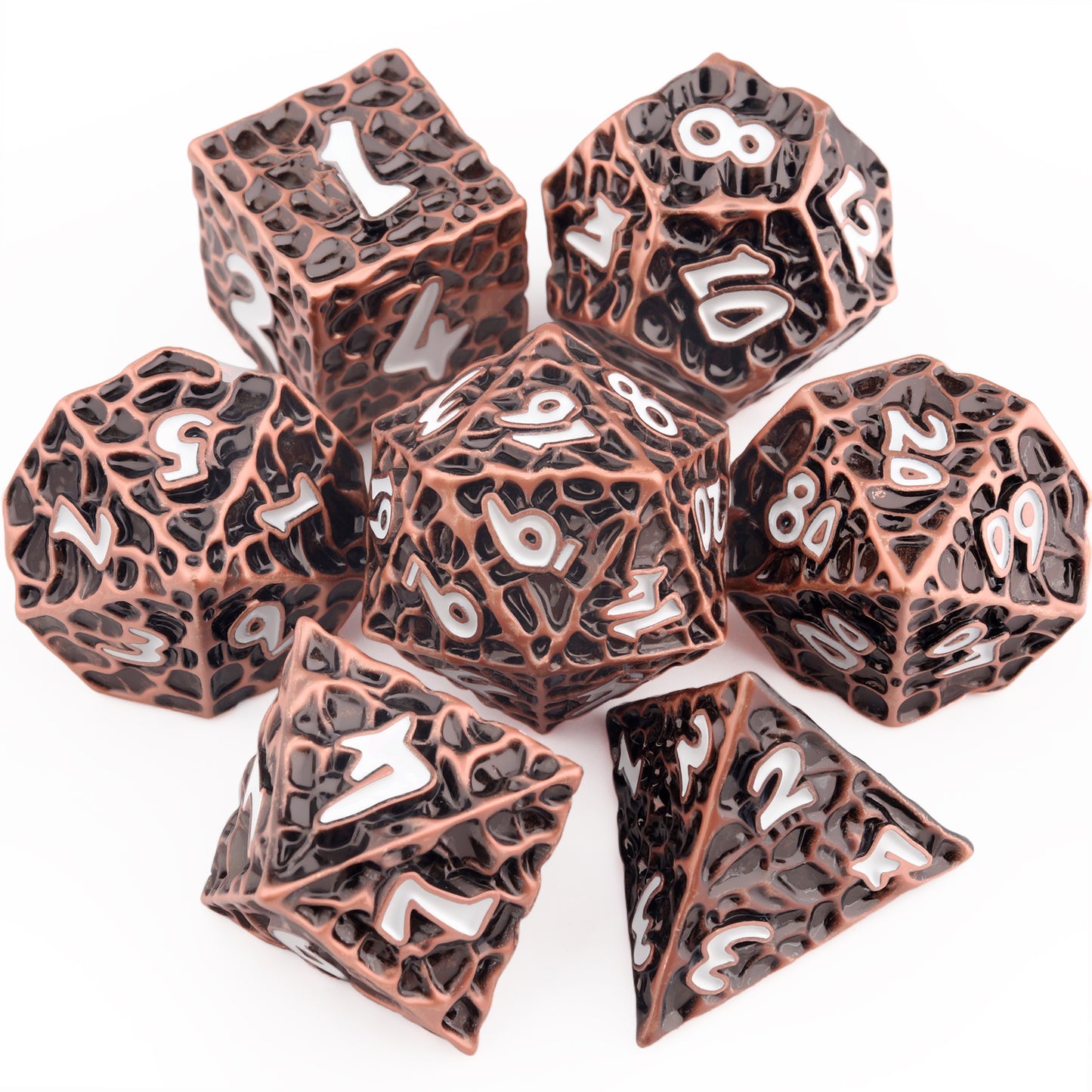 Haxtec Meteorite Texture Metal DnD Dice Set Ancient Cooper White Numbers