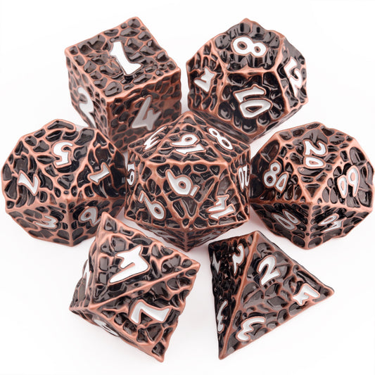 Haxtec Meteorite Texture Metal DnD Dice Set Ancient Cooper White Numbers