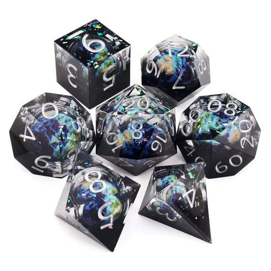 Haxtec Blue Planet Liquid Core Sharp Edge Resin DND Dice Set with Metal Case