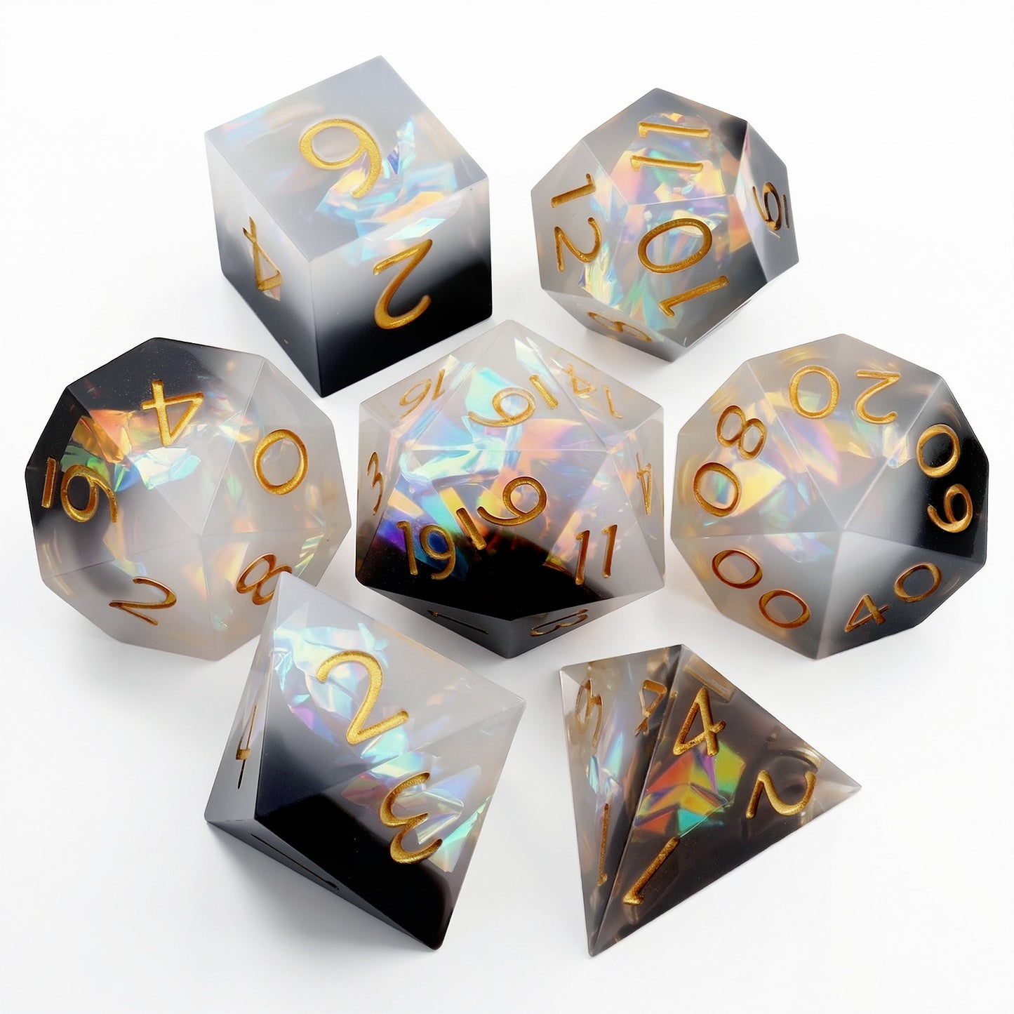 Haxtec Sharp Edge Dice Set DND Dice Black and White Resin Dice Iridecent Mylar Galaxy D&D Dice for RPG Role Playing Dungeons and Dragons Gift